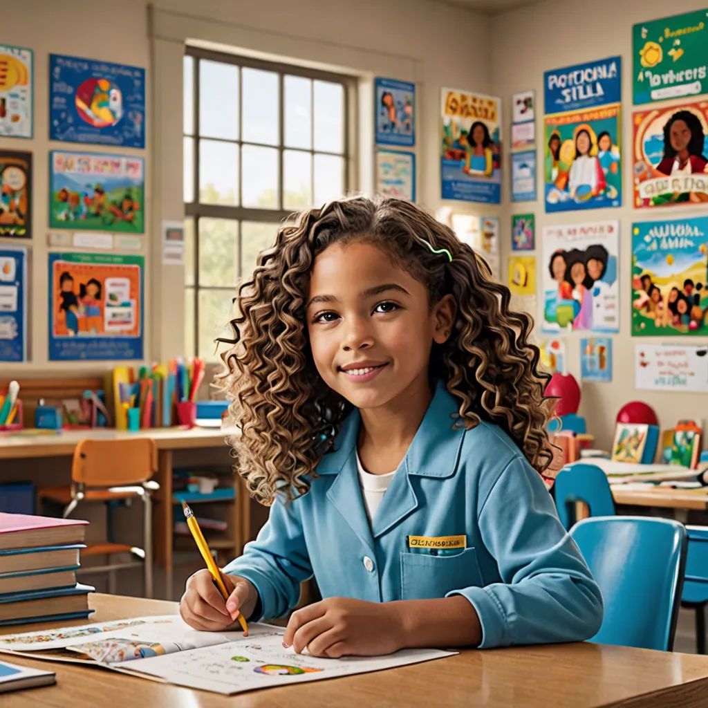 a young girl sitting at a desk with a book and pencil in her hand and a pile of books on the desk, naive art, a pointillism painting, Bob Byerley, promotional image
