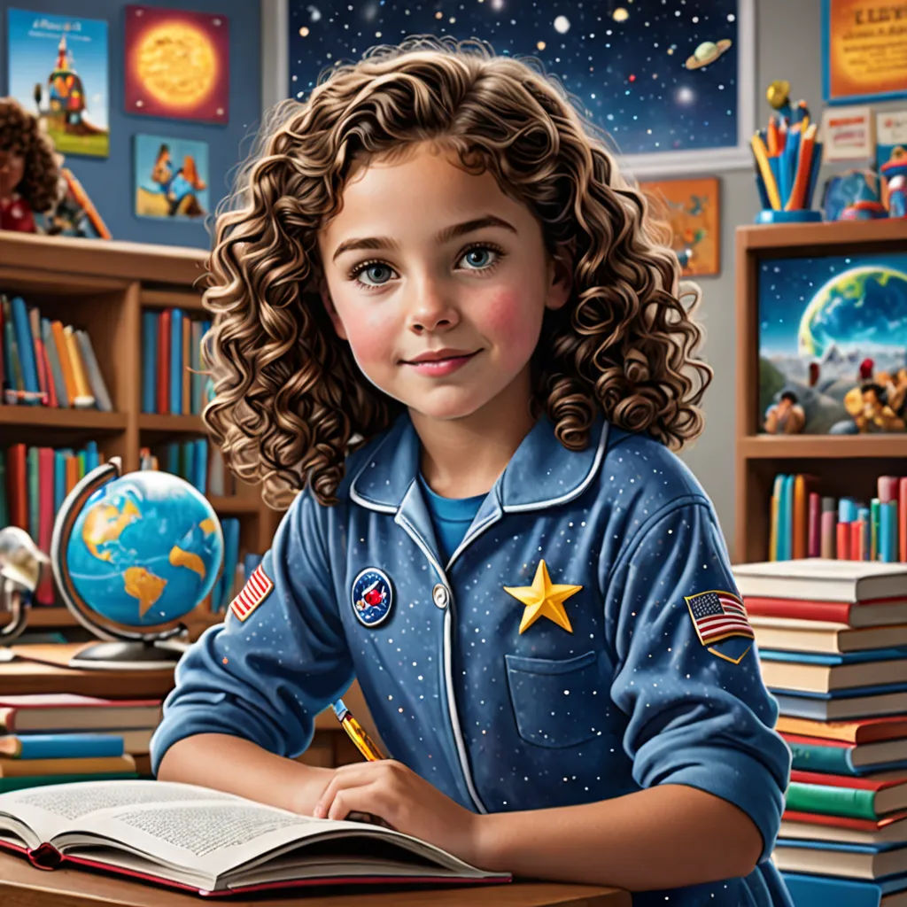 a painting of a girl sitting at a desk with a book and a globe in front of her and a bookcase full of books, space art, a storybook illustration, Bob Byerley, highly detailed digital painting