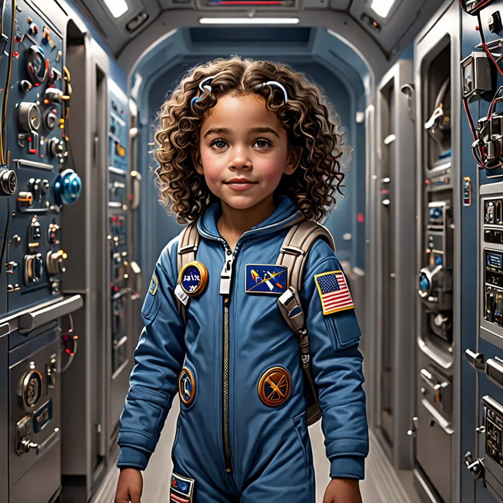 a young girl in a space suit standing in a hallway with many electrical equipment on either side of her, space art, poster art, Chris LaBrooy, highly detailed digital painting