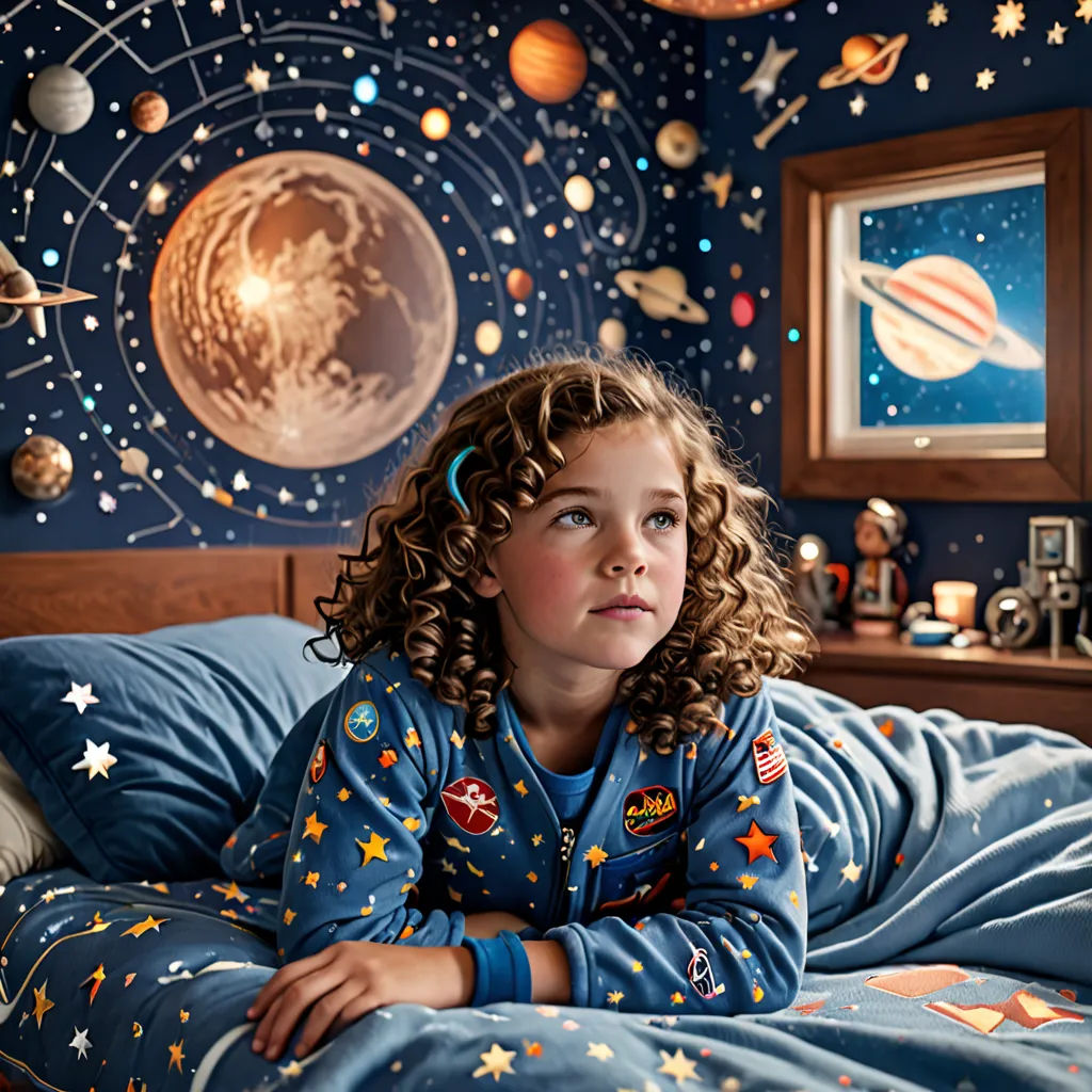 a little girl laying in bed with a space theme on the wall behind her and a picture of the planets on the wall, space art, a storybook illustration, Alison Watt, promotional image