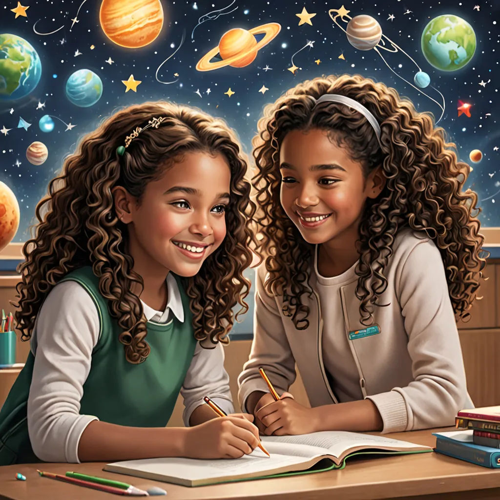 two girls are sitting at a desk with a book and pen in front of them and a solar system in the background, space art, a storybook illustration, Bob Byerley, highly detailed digital painting