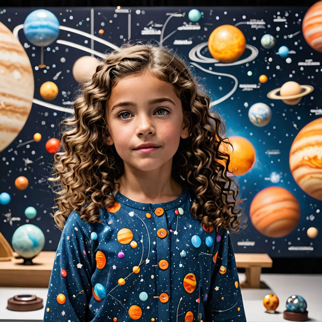 a young girl standing in front of a solar system mural of the planets and the sun with her curly hair, space art, computer graphics, Chris LaBrooy, promotional image