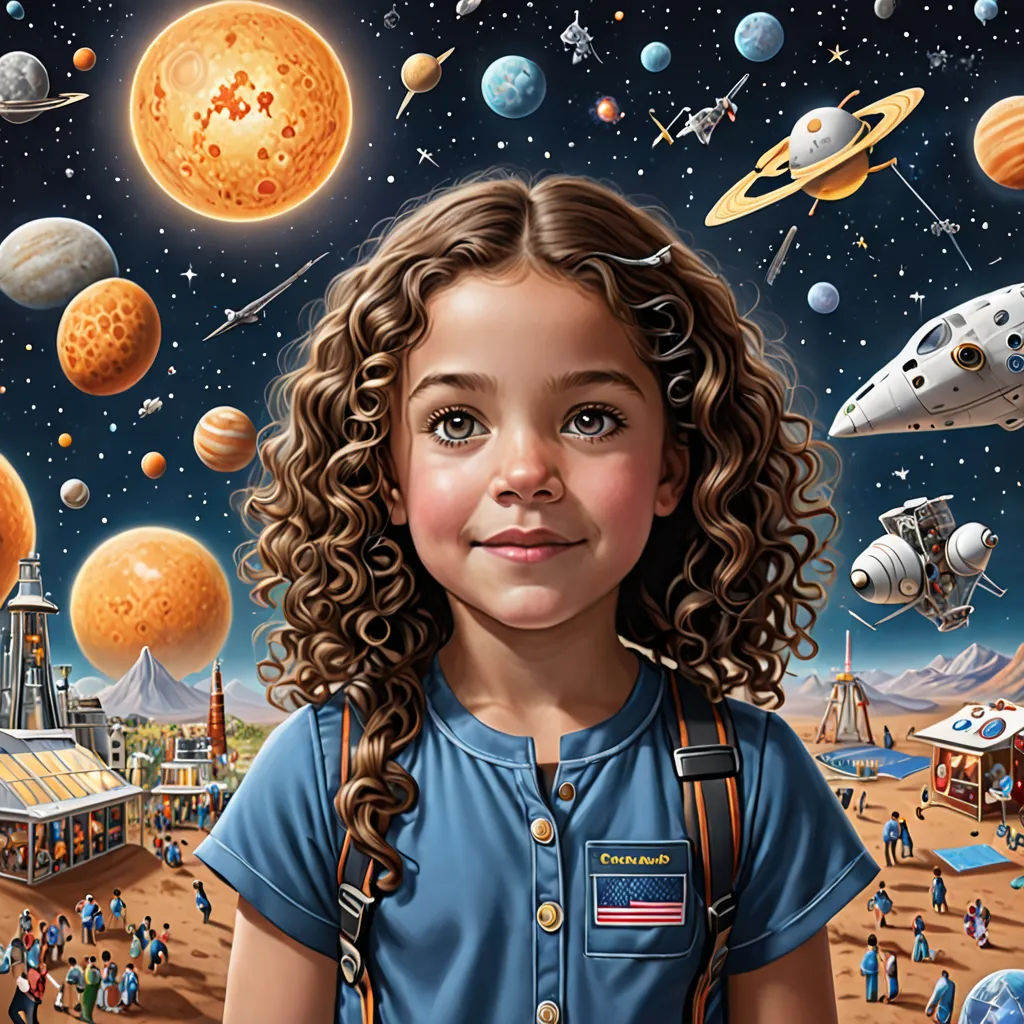 a painting of a girl in a blue shirt and a space scene with planets and stars in the background, space art, an ultrafine detailed painting, Bob Byerley, highly detailed digital painting