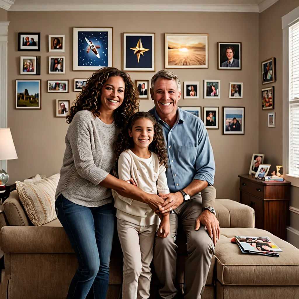 a family posing for a picture in their living room with pictures on the wall behind them and a couch, american scene painting, a stock photo, Doug Ohlson, portrait photography