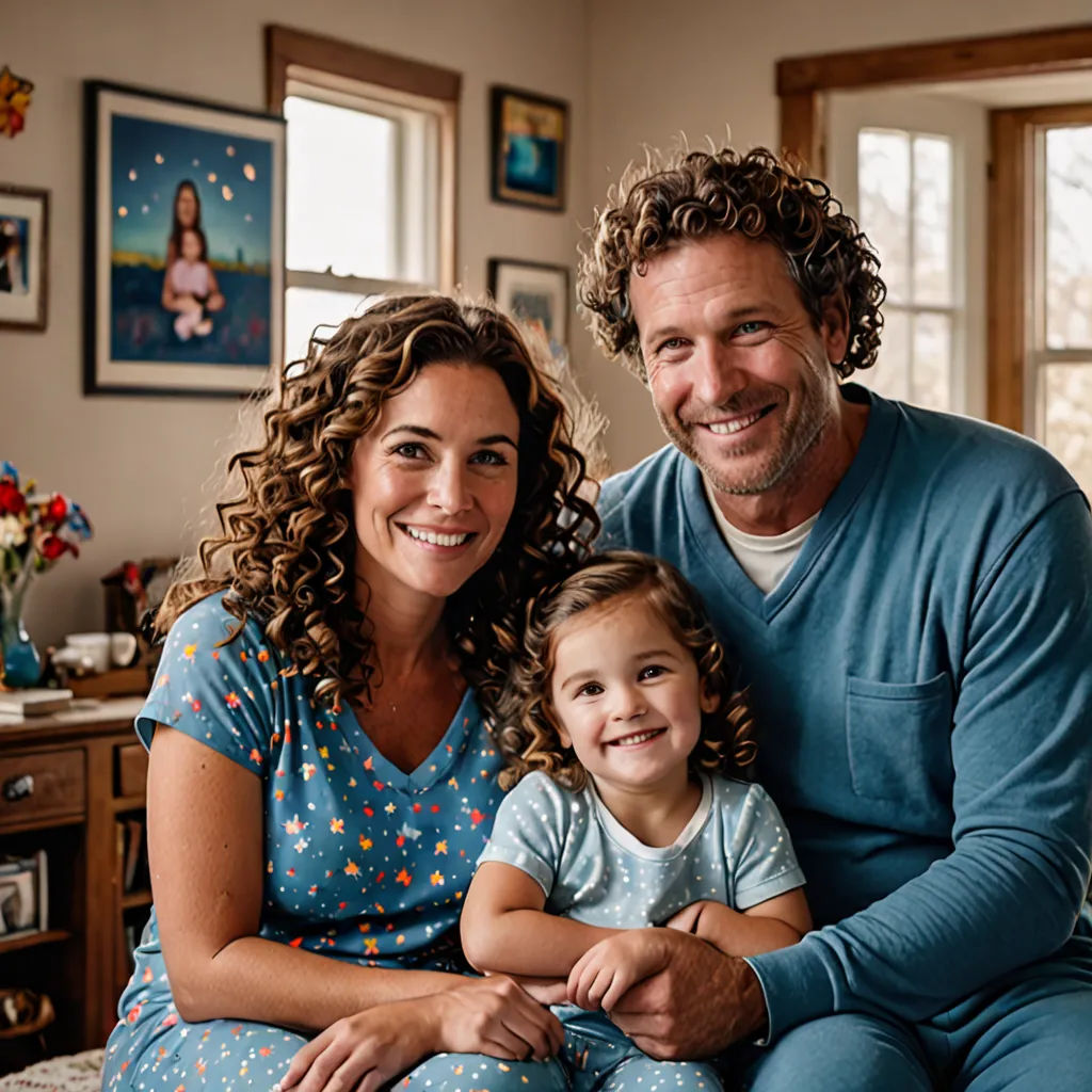 a man and woman sitting on a bed with a child in front of them smiling at the camera with a child in front of them, private press, a character portrait, Amy Weber, promotional image