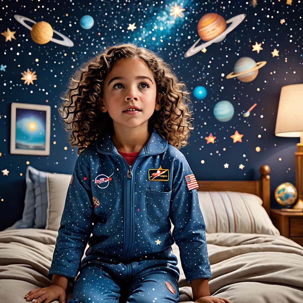 a young girl sitting on a bed in a space themed bedroom with a mural of the planets and stars, space art, a storybook illustration, Felix-Kelly, space
