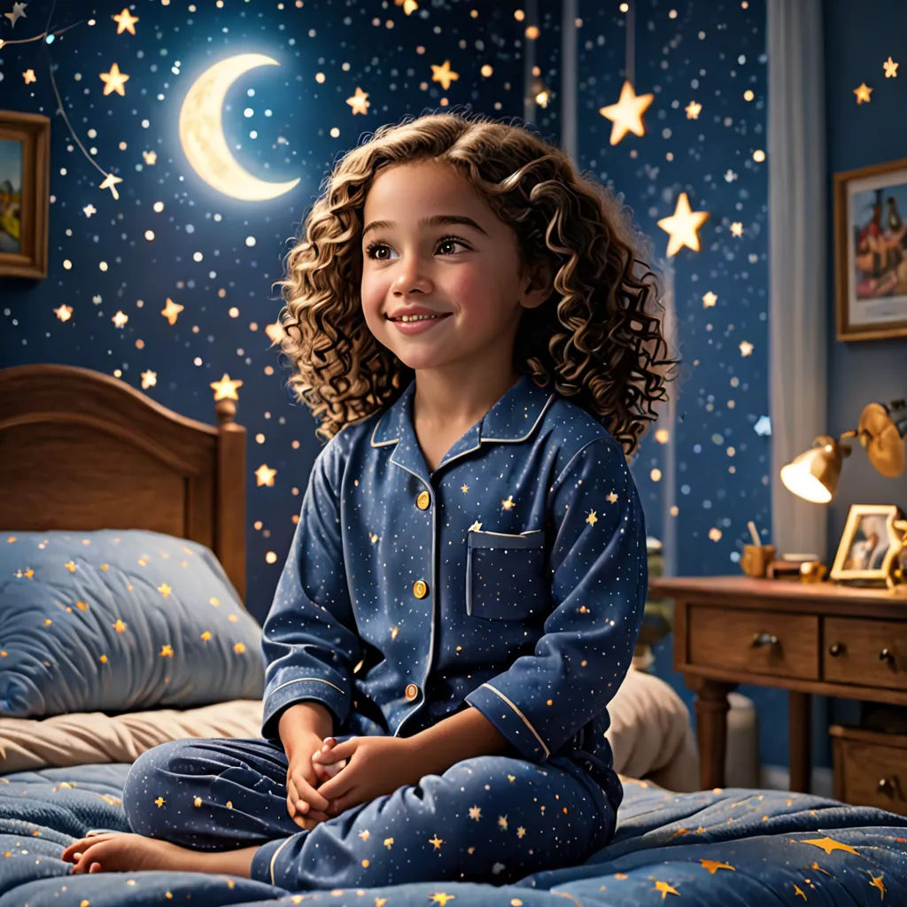 a young girl sitting on a bed in pajamas with stars and a moon painted on the wall behind her, magical realism, a storybook illustration, Christabel Dennison, promotional image