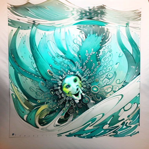 a painting of a blue flower with a green center and a white background with a black border and a white border