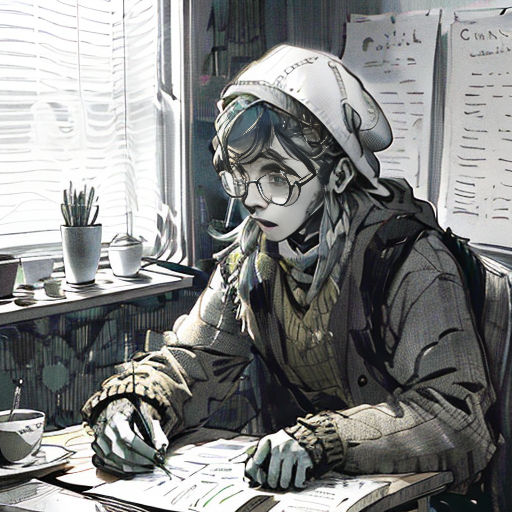 a woman sitting at a desk with a book and pen in her hand and a cup of coffee in front of her