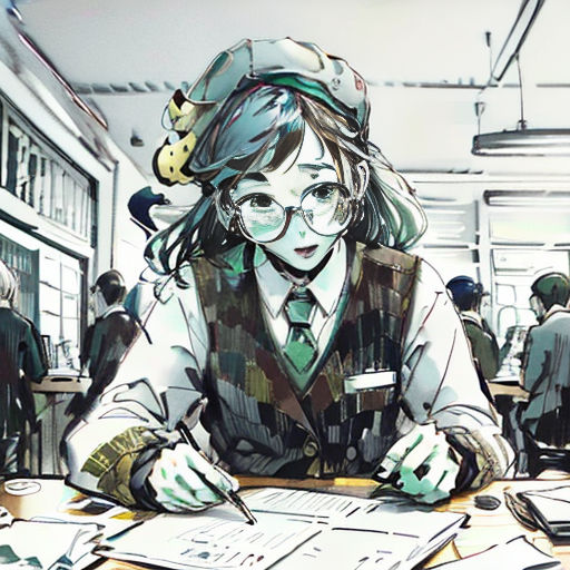 a woman sitting at a table with papers and a pen in her hand and a man in a suit and tie behind her