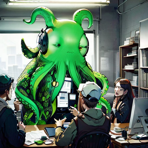 a group of people sitting around a table with a giant green octopus balloon above them and a computer on the desk