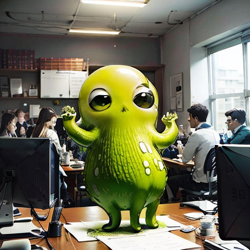 a green creature statue sitting on top of a desk in an office setting with people working in the background