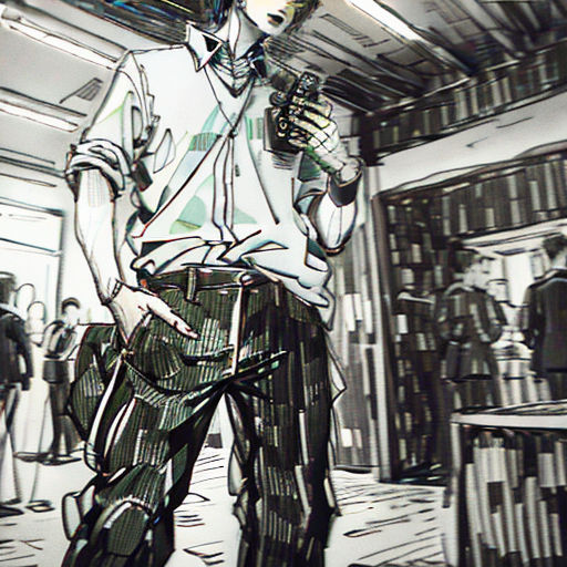 a man standing in a library with a cell phone in his hand and a bookcase in the background