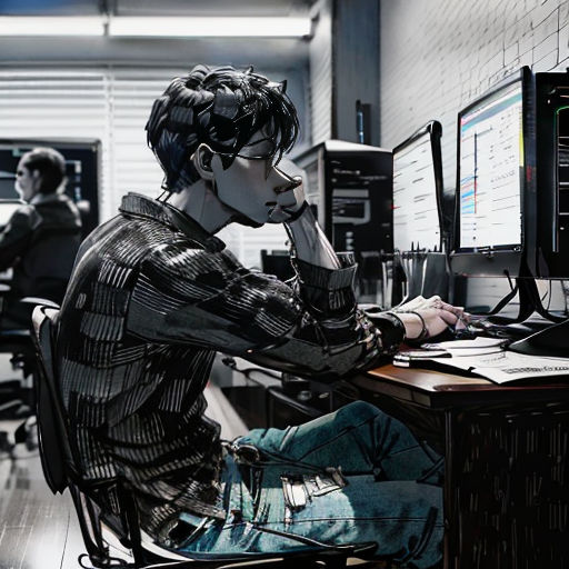 a man sitting at a desk with a computer monitor and keyboard in front of him and a monitor on the desk