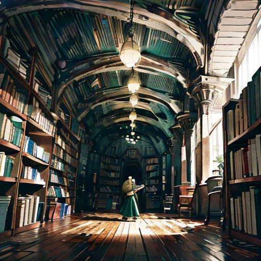 a woman standing in a library with lots of books on shelves and a lamp hanging from the ceiling above