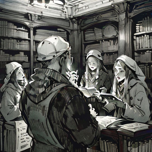 a drawing of a group of people in a library reading books and talking to each other while sitting at a table