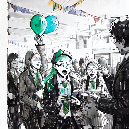 a drawing of a group of people standing around each other with balloons in the air above them and a man holding a cell phone