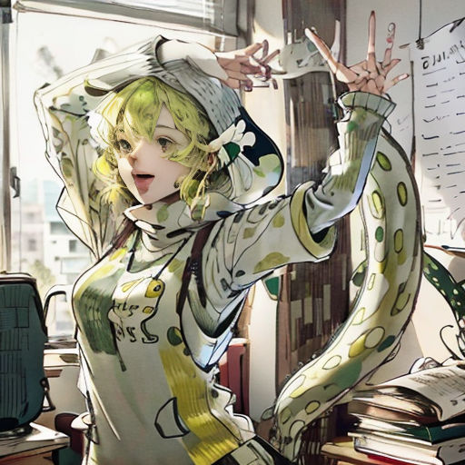 a woman in a white shirt and a green and white snake costume is standing in a room with a window