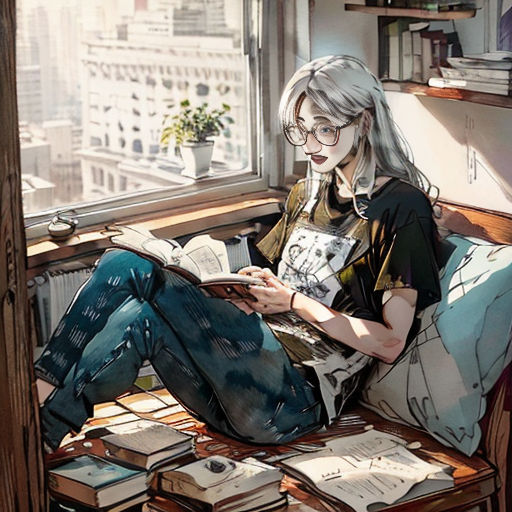 a woman sitting on a bed reading a book in a room with a window and a view of the city