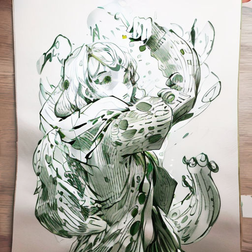 a drawing of a woman with a green dress on a piece of paper on a table with a pen