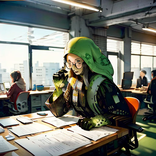 a woman sitting at a desk with a laptop computer and papers on it, with a green hood on
