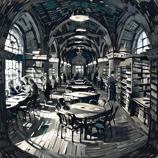a painting of a library with people in it and a table in the middle of the room with books