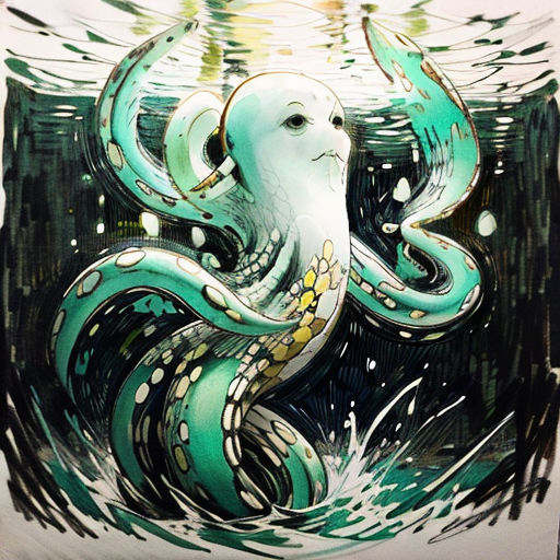 a drawing of an octopus in the water with bubbles and bubbles around it's head, with a sun shining above it