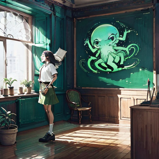 a girl in a room with an octopus painting on the wall and a green wall behind her, holding a book