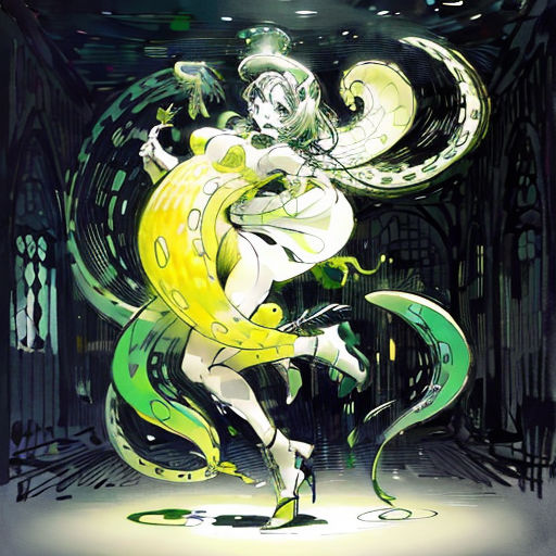 a woman in a white dress and a green and yellow costume is dancing in a dark room with a green and yellow snake