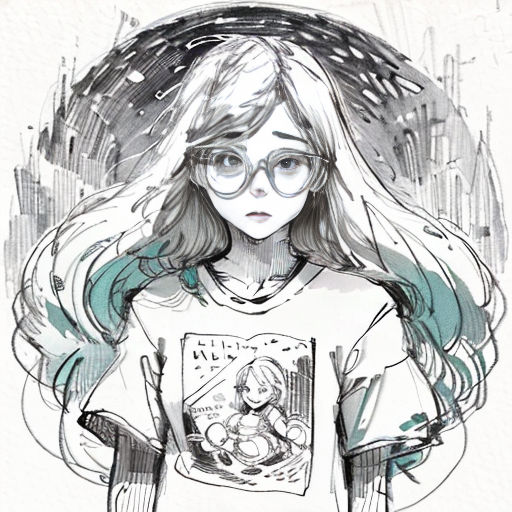 a drawing of a girl with glasses and a t - shirt on, with a city background and a rain falling