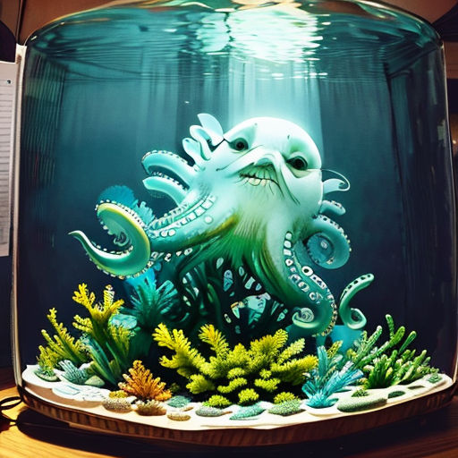 a large aquarium with an octopus in it's tank and plants in the bottom of it, and a notepad on the bottom of the aquarium