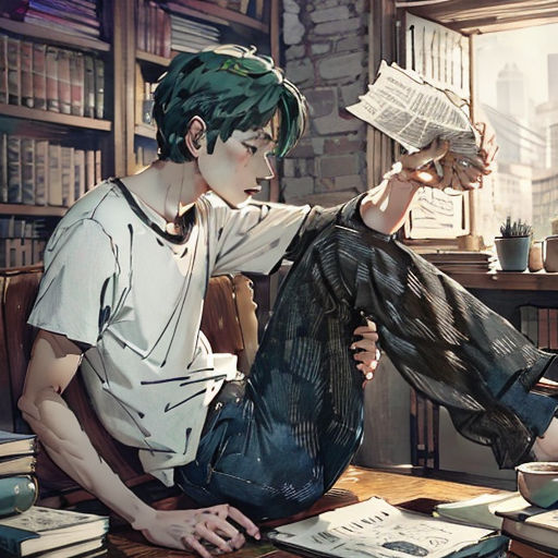 a man sitting on a chair reading a book in a library with a lot of books on the table