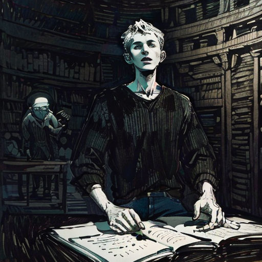 a man sitting at a table in front of a book shelf filled with books and papers, with a person standing behind him