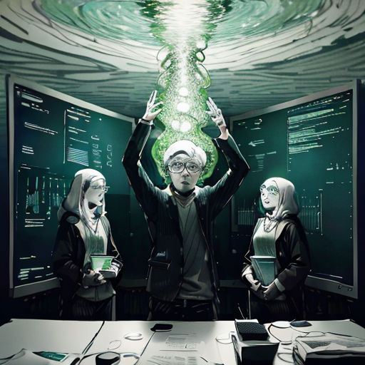 a man holding a green light above his head in front of two women in a room with a computer screen