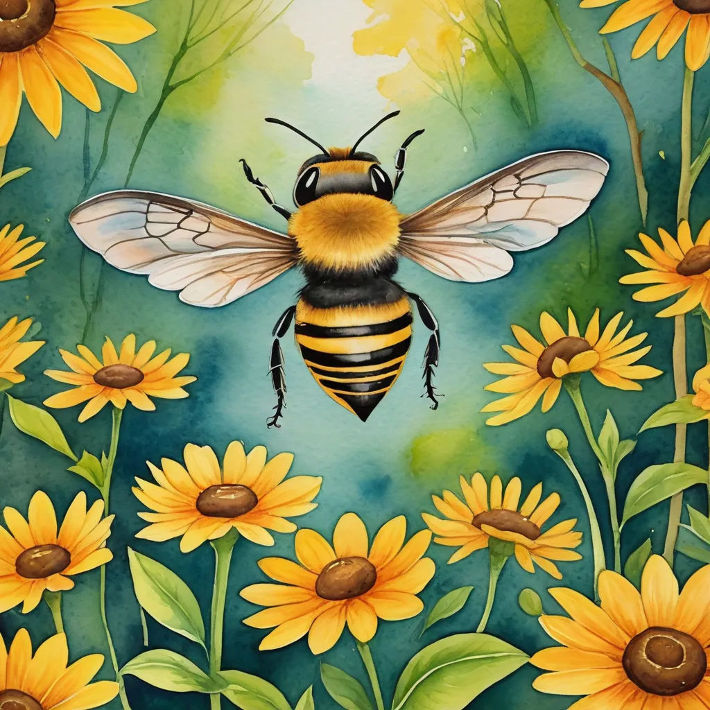a painting of a bee on a field of sunflowers with a blue sky background and sunflowers, fantasy art, a watercolor painting, Claire Hummel, in gouache detailed paintings