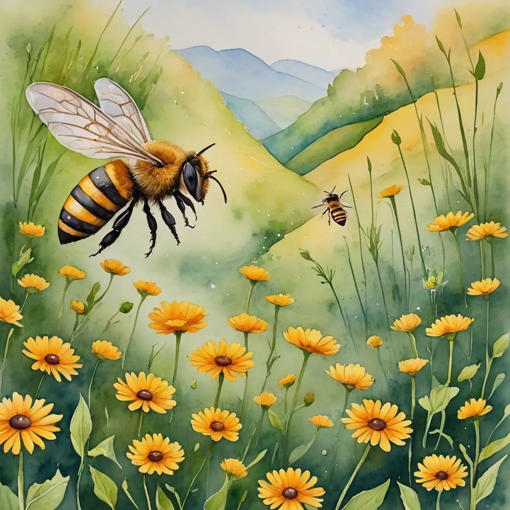 a painting of a bee flying over a field of flowers and a mountain range in the background with a bee flying over the flowers, environmental art, a watercolor painting, Carol Sutton, storybook illustration