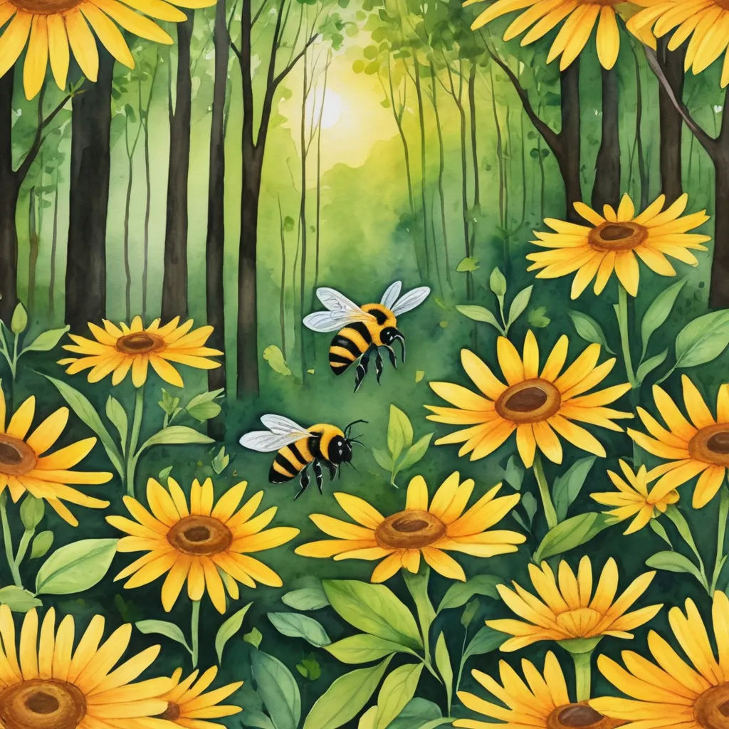 a painting of a bee flying over a field of sunflowers with a forest in the background and a bee flying over the sunflowers, environmental art, a storybook illustration, Claire Hummel, storybook illustration