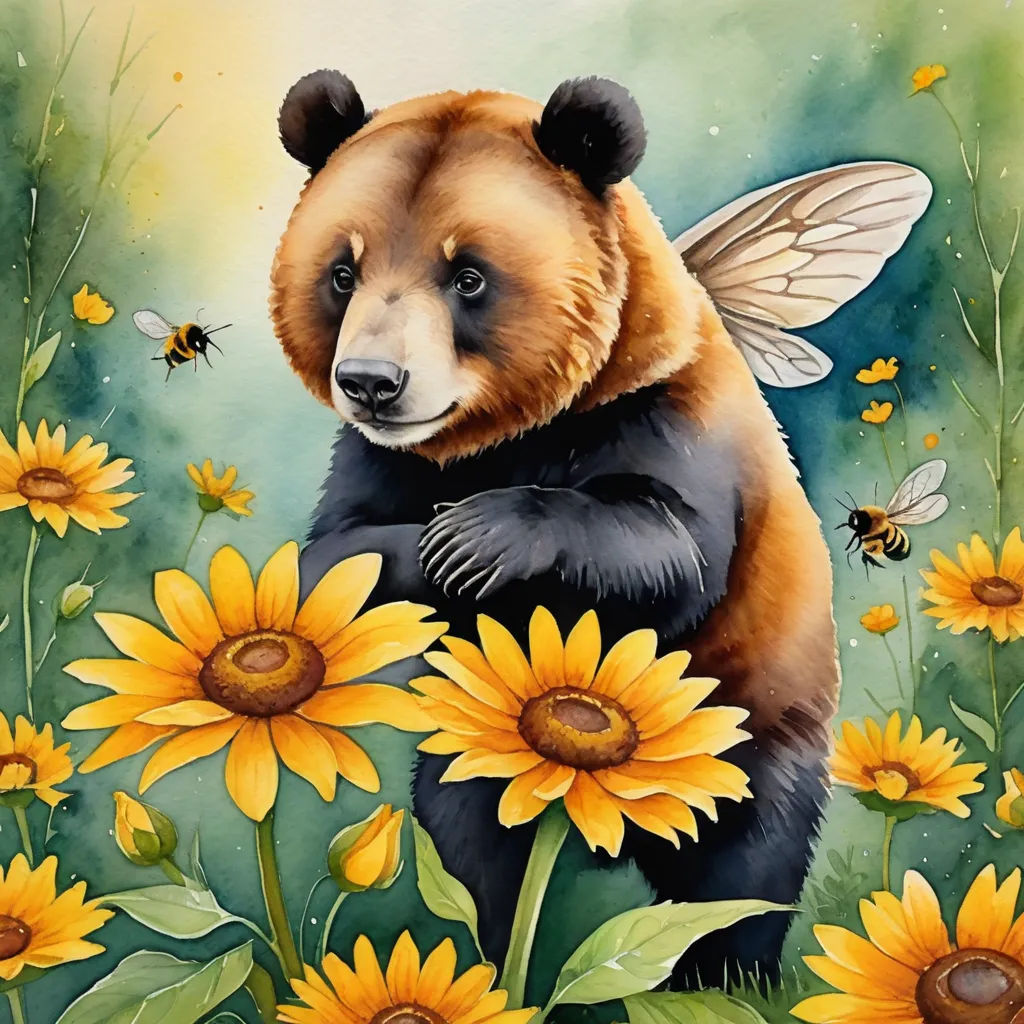 a painting of a bear surrounded by sunflowers and bees in a field of grass and flowers with a blue sky background, fantasy art, a watercolor painting, Anne Stokes, watercolor