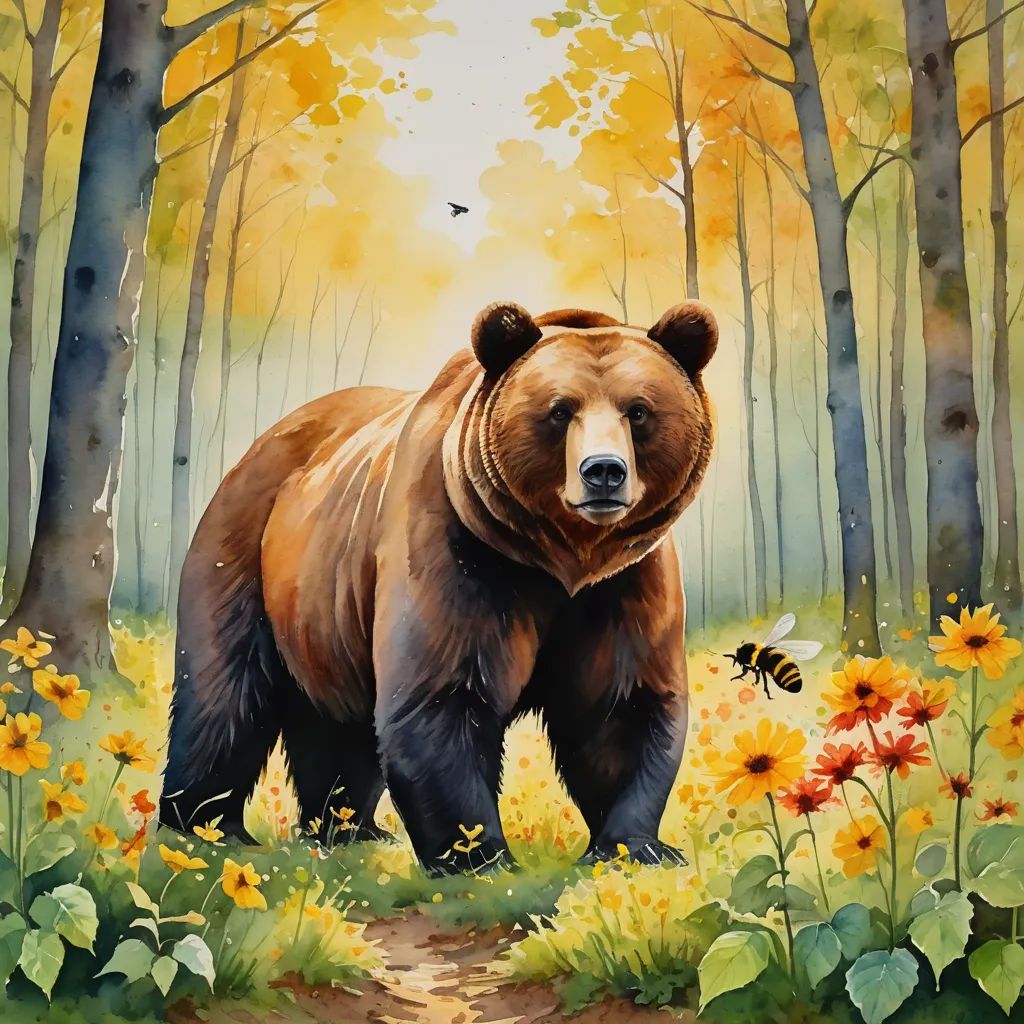 a painting of a bear in a forest with a bee flying by it's side and a tree with yellow flowers, furry art, a watercolor painting, Chris LaBrooy, in gouache detailed paintings