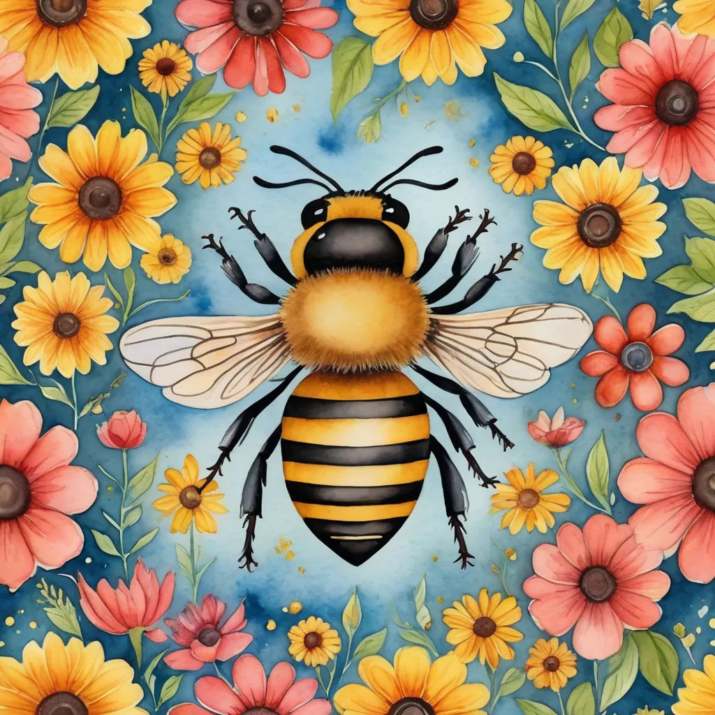 a painting of a bee surrounded by flowers and daisies on a blue background with a yellow and black stripe, folk art, a detailed painting, Annabel Kidston, highly detailed digital painting