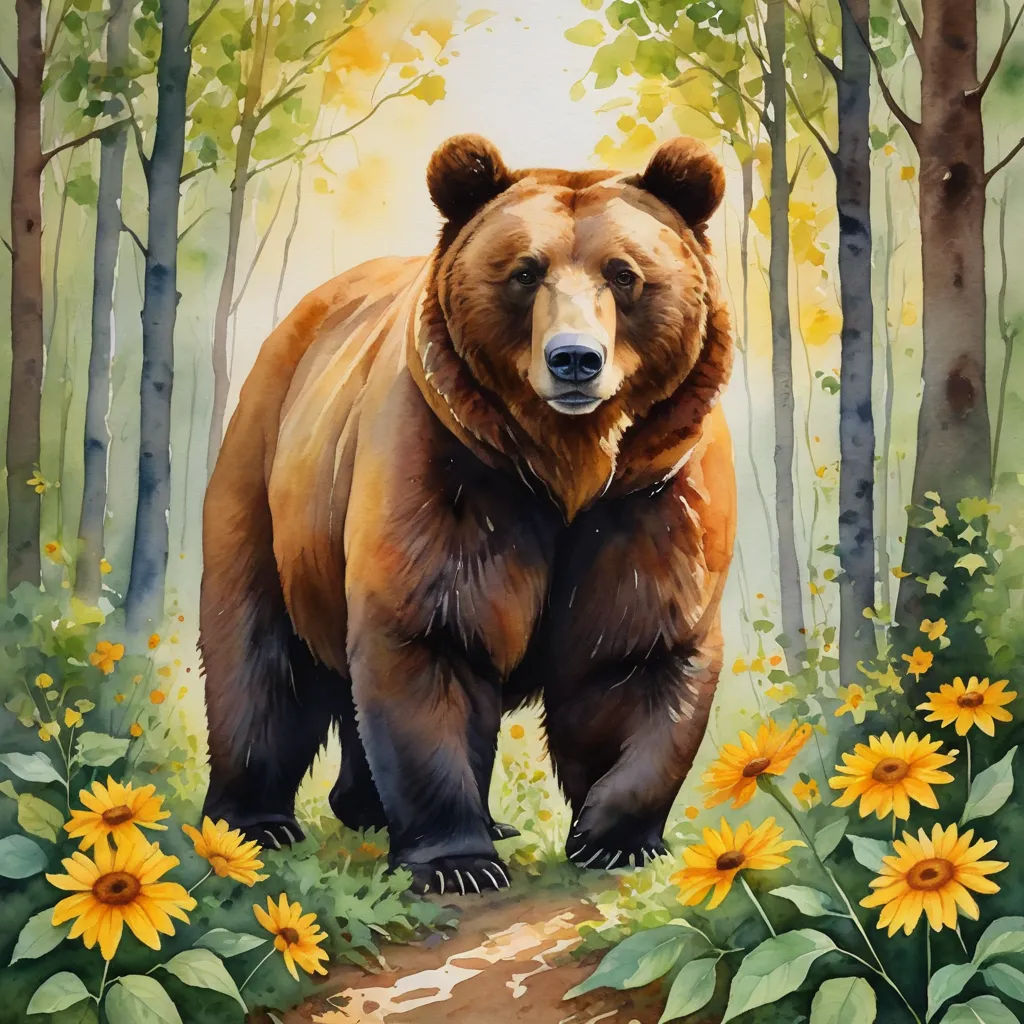 a painting of a bear in a forest with sunflowers and trees in the background, with a path leading to the bear, furry art, a digital painting, Chris LaBrooy, professional digital painting