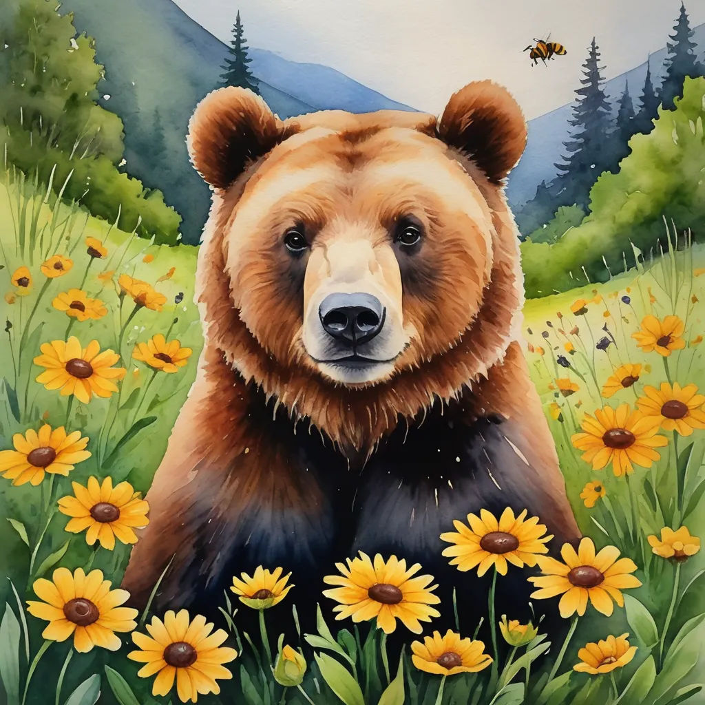 a painting of a bear in a field of flowers and a bee flying over it's head and head, american scene painting, an airbrush painting, Chris LaBrooy, professional digital painting