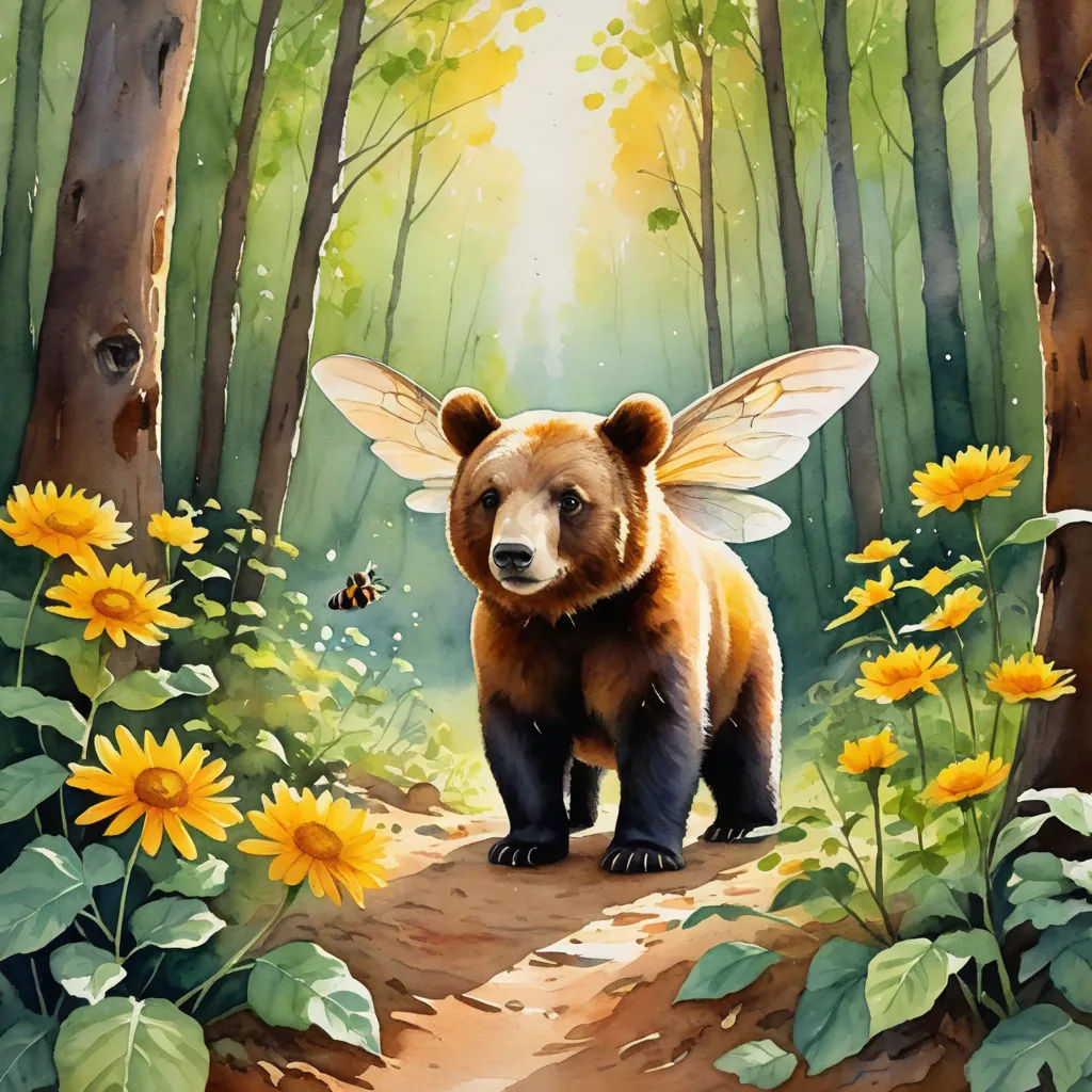 a bear is standing in the middle of a forest with sunflowers and a bee flying above it, fantasy art, a storybook illustration, Brom, official art