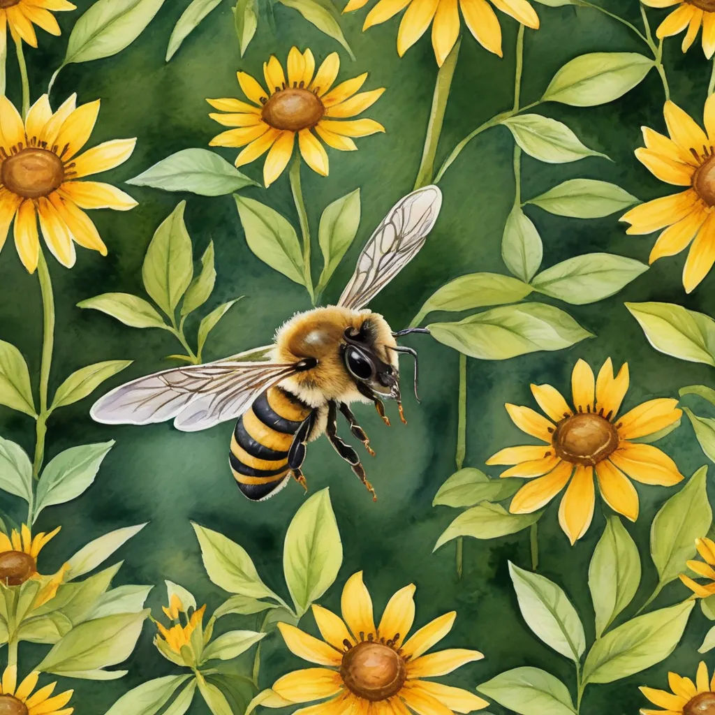 a painting of a bee flying over a field of sunflowers and leaves with a green background with yellow flowers, ecological art, a watercolor painting, Claire Hummel, in gouache detailed paintings