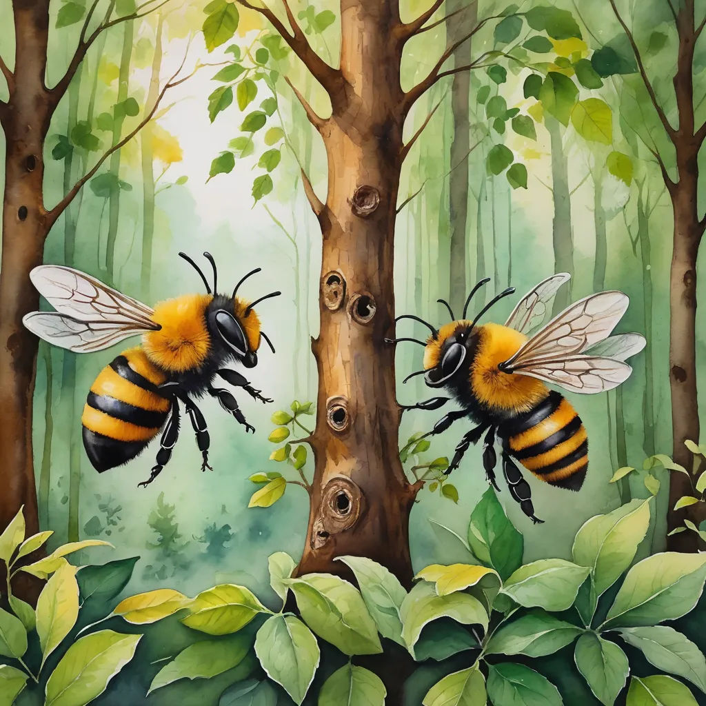 two bees are on a tree in the forest, one is on the ground and the other is on the ground, environmental art, an airbrush painting, Daphne McClure, in gouache detailed paintings