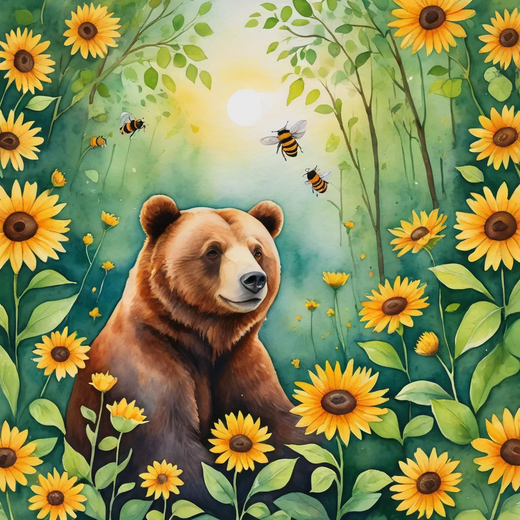 a painting of a bear surrounded by sunflowers and bees in a forest with a blue sky background, ecological art, an airbrush painting, Chris LaBrooy, in gouache detailed paintings