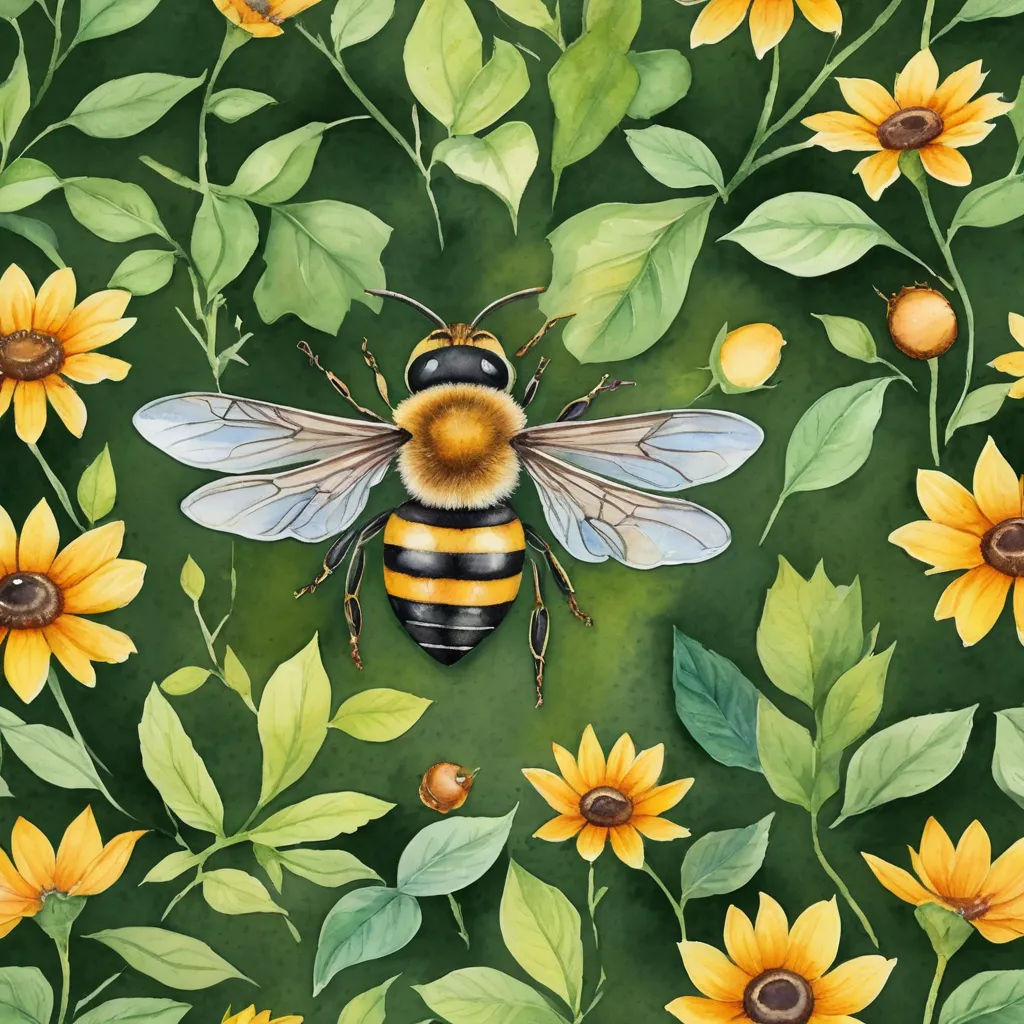 a painting of a bee surrounded by sunflowers and leaves with a snail on the bottom of the picture, environmental art, a storybook illustration, Claire Hummel, in gouache detailed paintings