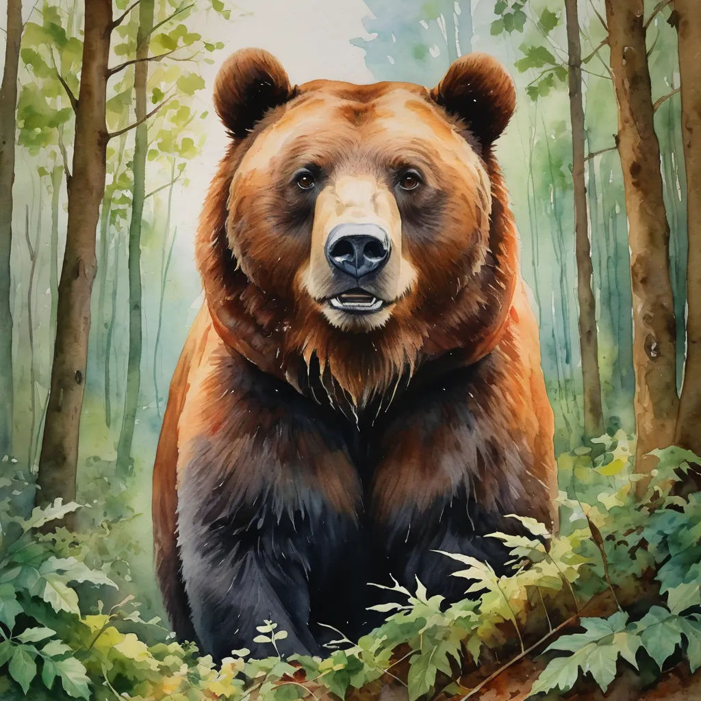 a painting of a bear in the woods with trees and plants around it's sides and a painting of a bear in the background, furry art, a watercolor painting, Craig Davison, in gouache detailed paintings