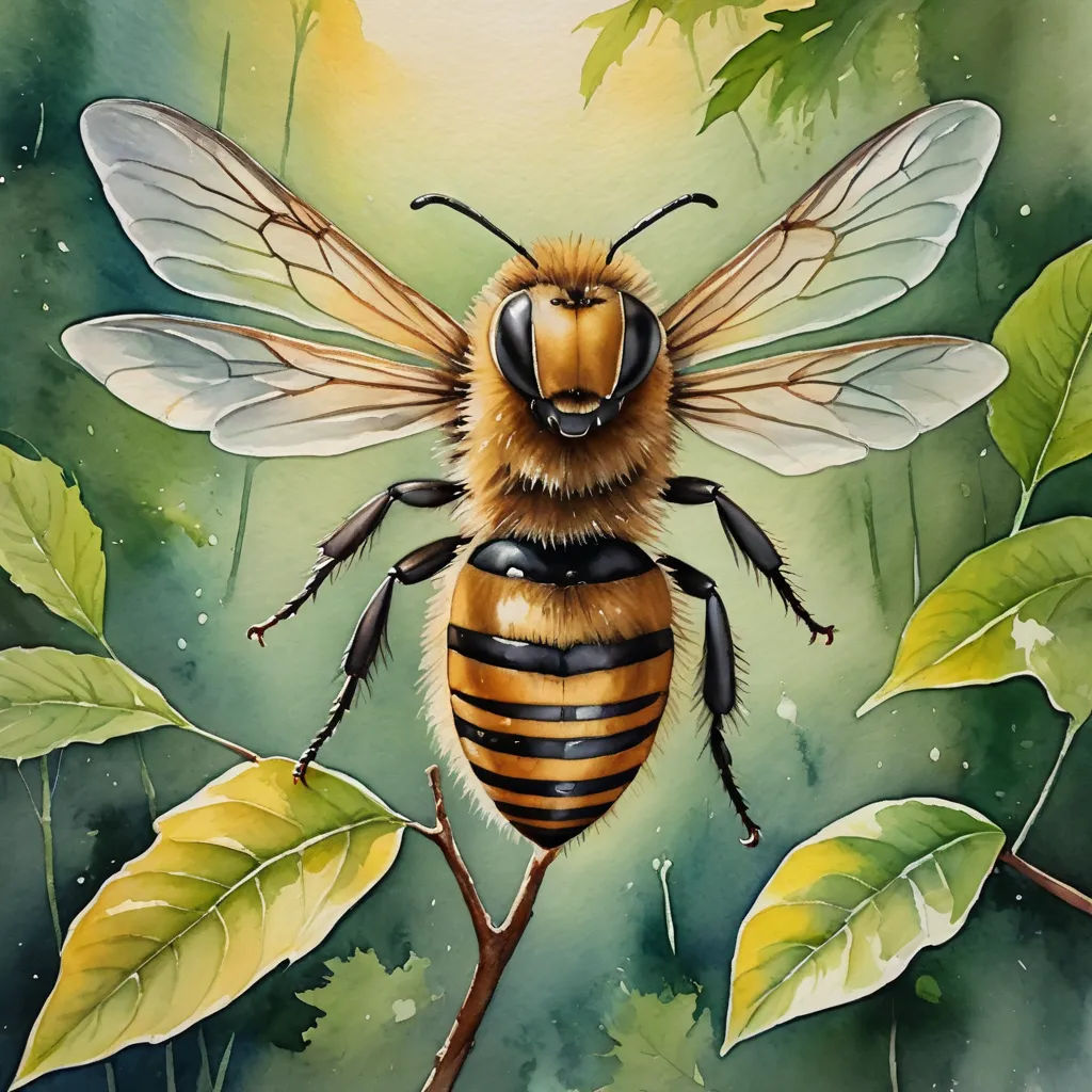 a painting of a bee on a branch with leaves around it and a sky background with stars and clouds, fantasy art, an airbrush painting, Anna Dittmann, in gouache detailed paintings