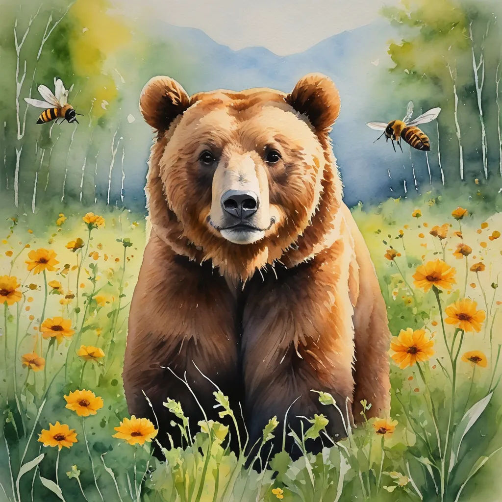 a painting of a bear in a field of flowers and bees flying around it's neck and head, furry art, an airbrush painting, Chris LaBrooy, highly detailed digital painting